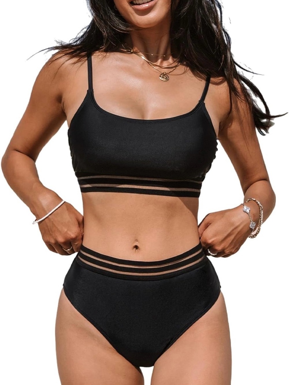 CUPSHE High Waisted Two Piece Bikini Set Mesh Striped Two piece size M